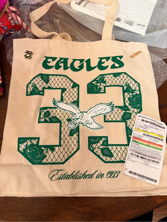 Mitchell & Ness Handbags - Mitchell & Ness Beige Canvas Eagles 33 Graphic Tote with Green Print